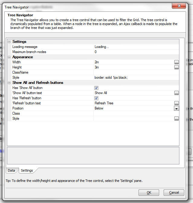 The Tree Navigator Settings tab